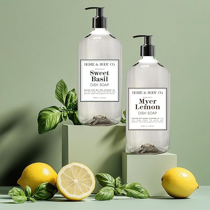 Home & Body Co. Sweet Basil and Meyer Lemon Dish Soaps, 32 fl oz, Set of 4