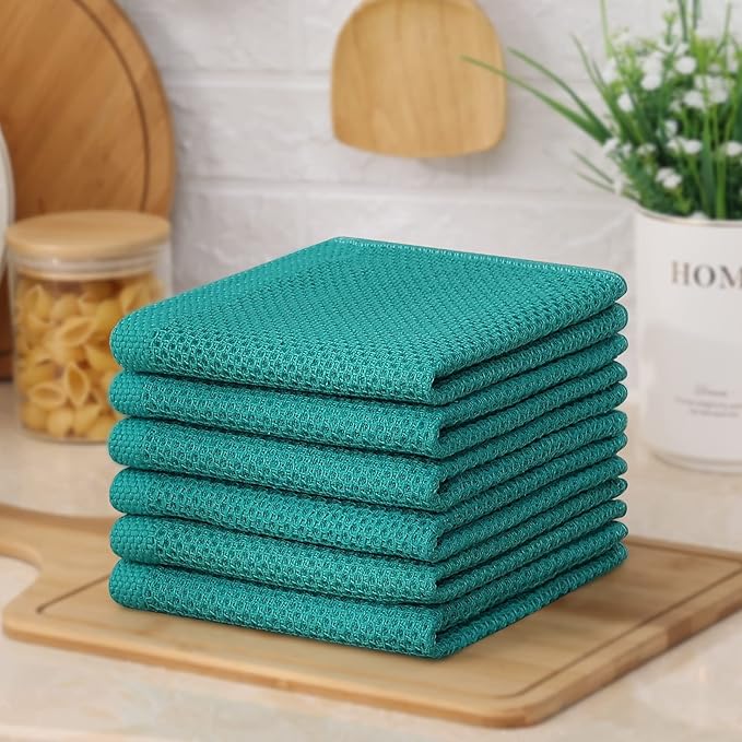 Kitinjoy 100% Cotton Kitchen Dish Cloths, 8 Pack Waffle Weave Ultra Soft Absorbent Dish Towels for Drying Dishes Quick Drying Kitchen Towels Dish Rags, 12 X 12 Inches, Teal