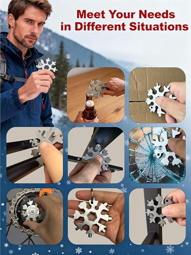 Christmas Gifts for Men 2025 - Stocking Stuffers for Him,18-in-1 Snowflake Multi Tool 2 Pack,Stainless Steel Multitool with Carabiner & Bottle Opener,Holiday Gift for Dad,Husband,Brother(Silver+Black)