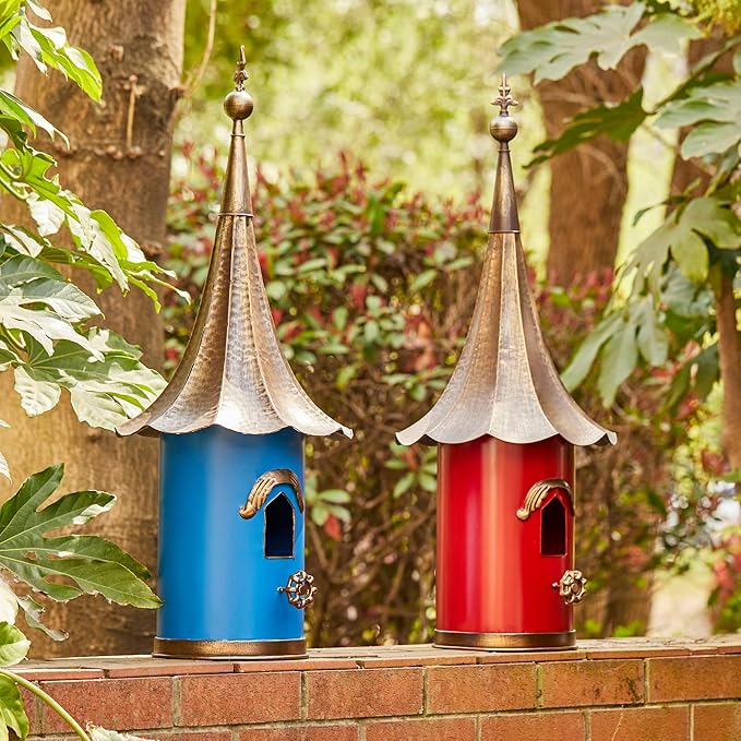 Glitzhome 32”H Metal Hanging Birdhouse for Outdoors Oversized Farmhouse Pagoda Painted Bird House with Bronze Roof for Bluebird Wren Chickadee Sparrow Bird Nest Box for Garden Patio, Retro Blue