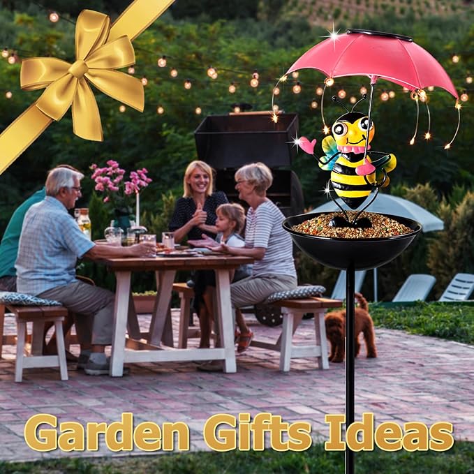 Bird Feeder Solar Garden Decor, Waterproof Bee Metal Wildbird Cardinals Hummingbirds Feeders with LED Lights, Gifts for Mom Grandma Bird Lovers Outdoor Path Yard Decoration