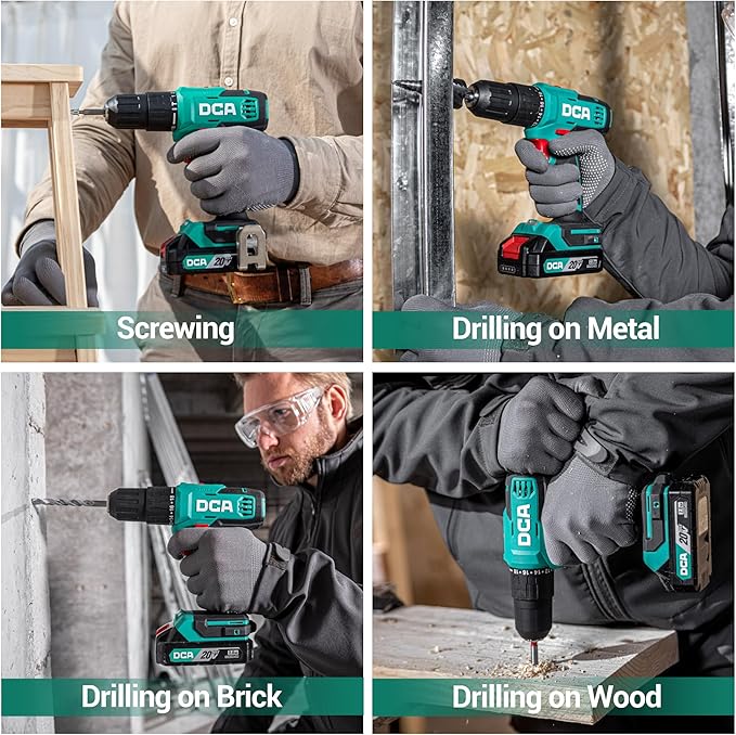 DCA 20V Cordless Hammer Drill Set, 354 In-lbs Torque, 1/2" Keyless Chuck, 22500 IPM, 2 Variable Speeds, 18+1+1 Position, Power Impact drill with 14 Drill/Driver Bits for Brick, Metal, Wood ADJZ2035i13