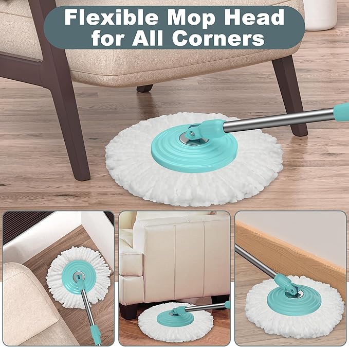 Spin Mop and Bucket System, Mop and Bucket with Wringer Set,Mops for Floor Cleaning,Household Supplies Tools with 3 Replacement Refills,61" Extended Handle for Household Hardwood Floor - Green