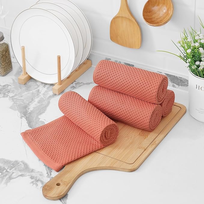 Kitinjoy 100% Cotton Waffle Weave Kitchen Towels, 6-Pack Super Soft and Absorbent Dish Towels for Drying Dishes, Kitchen Hand Towels, 13 in x 28 in, Coral