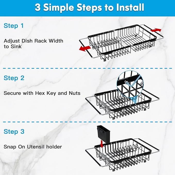 JASIWAY in Sink Dish Drying Rack, Expandable Stainless Steel Dish Drainers for Kitchen Sink, Over Sink Dish Drying Rack with Utensil Holder, 13.1''~16.6''D x 11.8''W, Black