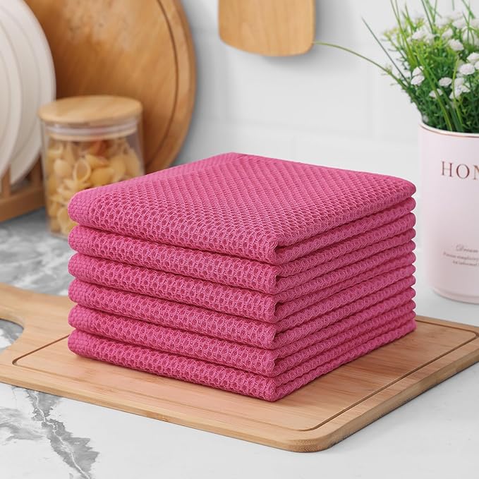 Kitinjoy 100% Cotton Kitchen Dish Cloths, 6 Pack Waffle Weave Ultra Soft Absorbent Dish Towels for Drying Dishes Quick Drying Kitchen Towels Dish Rags, 12 X 12 Inches, Hot Pink