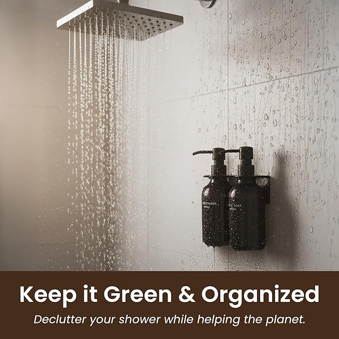 MaisoNovo Shampoo and Conditioner Dispenser - Shower Soap Dispenser Wall Mounted - 16.9 fl oz Set of 2 Black Plastic Bottles Black Pumps - 2 Chamber No Drill