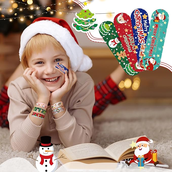 Patelai 300 Pieces Kids Bandages Bulk 10 Styles Children's Adhesive Flexible Colorful Cute Cartoon Bandages Waterproof Breathable Stickers Protection Care Cuts for Girls Boys(Santa Claus)