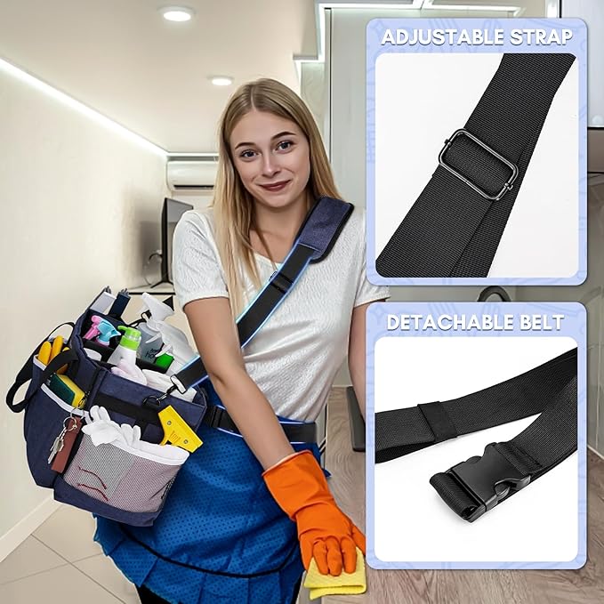 Ytonet Wearable Cleaning Caddy Bag, Large Cleaning Supplies Organizer with 4 Foldable Dividers, Caddy Organizer with Handle & Shoulder Strap & Waist Strap for Cleaners & Housekeepers, Black Grey