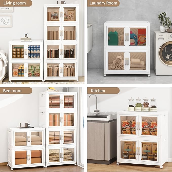 Large Clear Stackable Storage Bins with Lids, Foldable Storage Cabinet for Closet Organizers and Storage, Plastic Storage Box with Wheels 314 QT