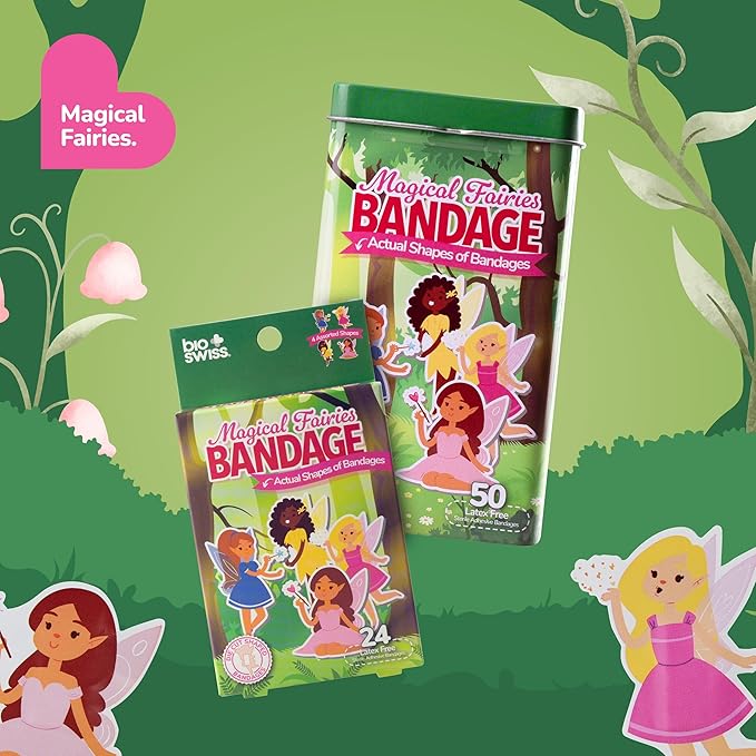 BioSwiss Kids Bandages, Magical Fairies Shaped Self Adhesive Bandage Set, Latex Free, Sterile Wound Care, 24 Count