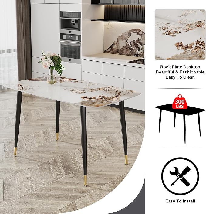 Modern Sintered Stone Dining Table Set - 50" Rectangular Faux Marble Kitchen Table with 4 PU Leather Chairs (1 Faux Marble Table + 4 Gray and Brown Chairs)