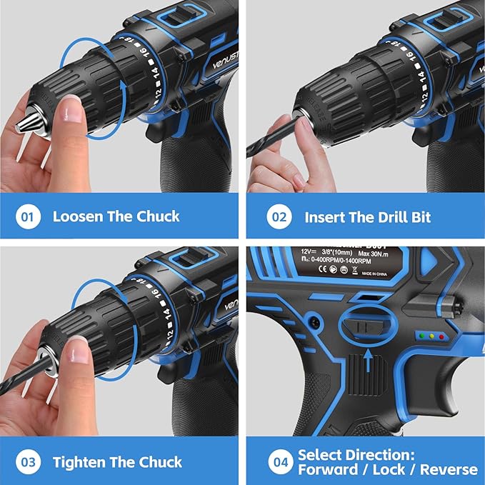 Cordless Drill Set 12V Power Drill with Battery and Charger, 2-Speed Electric Drill with 3/8" Keyless Chuck