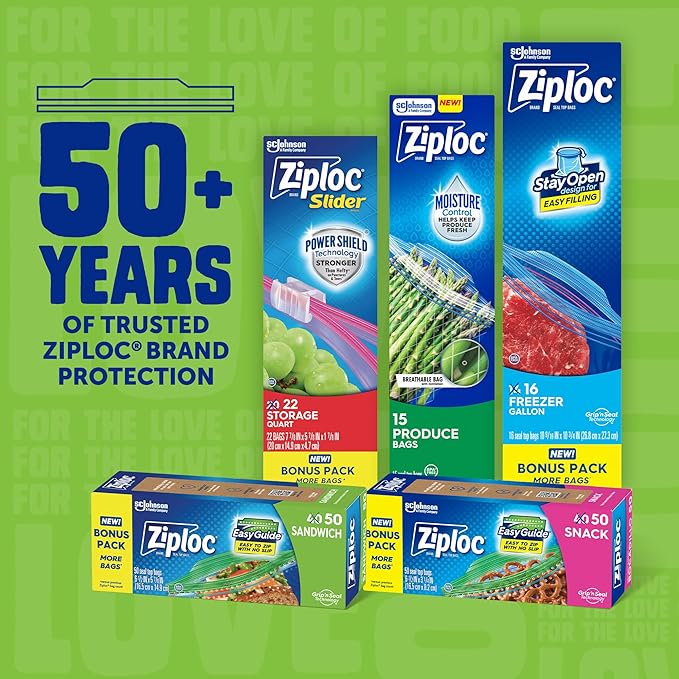 Ziploc Sandwich and Snack Bags with EasyGuide Texture, Plastic Storage Bags with Grip 'n Seal Technology, 50 Bags Total