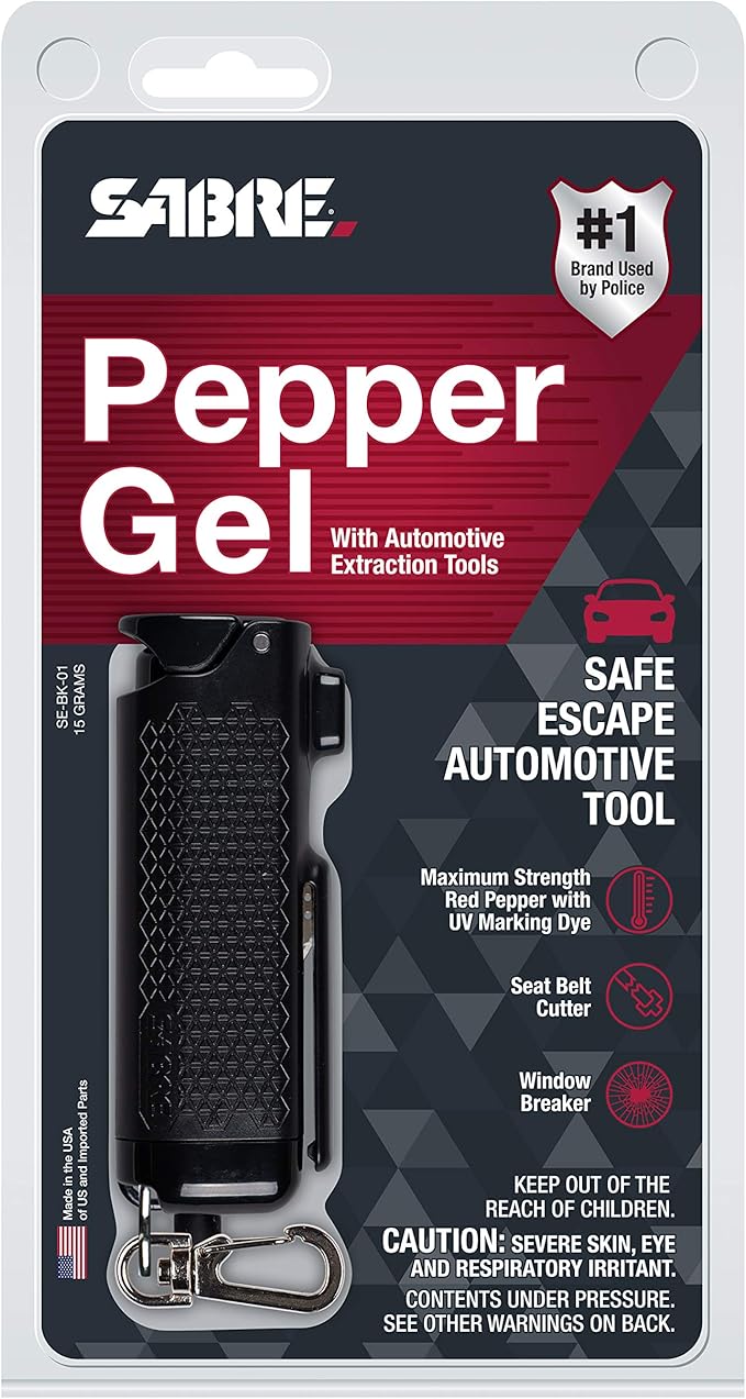 SABRE Safe Escape 3-In-1 Pepper Gel With Seat Belt Cutter & Window Breaker, Maximum Strength Pepper Spray, Snap Clip Keychain for Easy Carry & Fast Access, 0.54 fl oz, Easy to Use Fast Flip Top Safety