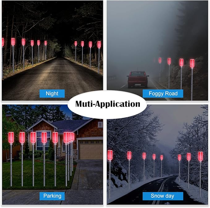 Macarrie 4 Pcs Solar Powered Driveway Markers Reflective Lights Driveway Reflectors on Poles for Snow Road Outdoor Yard Entrance (Red)