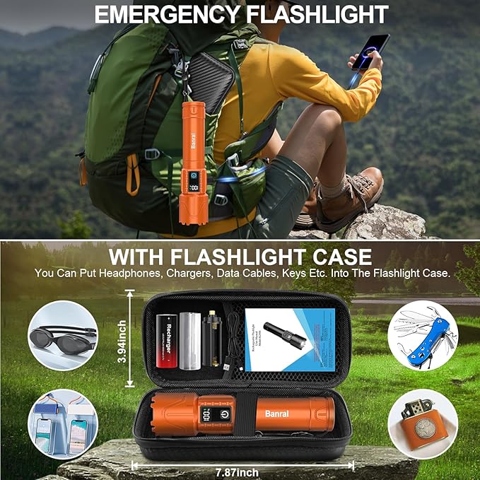 Rechargeable Tactical Flashlights High Lumens - 5000mAh Super Bright LED Powerful Flash Light, Waterproof Handheld USB C Flashlight for Home,Car,Camping,Emergencies,5 Modes,Zoomable (2, Orange)