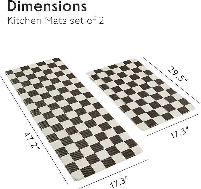 Checkered Kitchen Mats for Floor Set of 2, 2 Pcs Black White Cushioned Non Slip Runner Rugs for Kitchen/Sink/Laundry, Comfort Aesthetic Cute Anti-Fatigue Foam Floor Mat 17.3"x29.5"+17.3"x47.2"