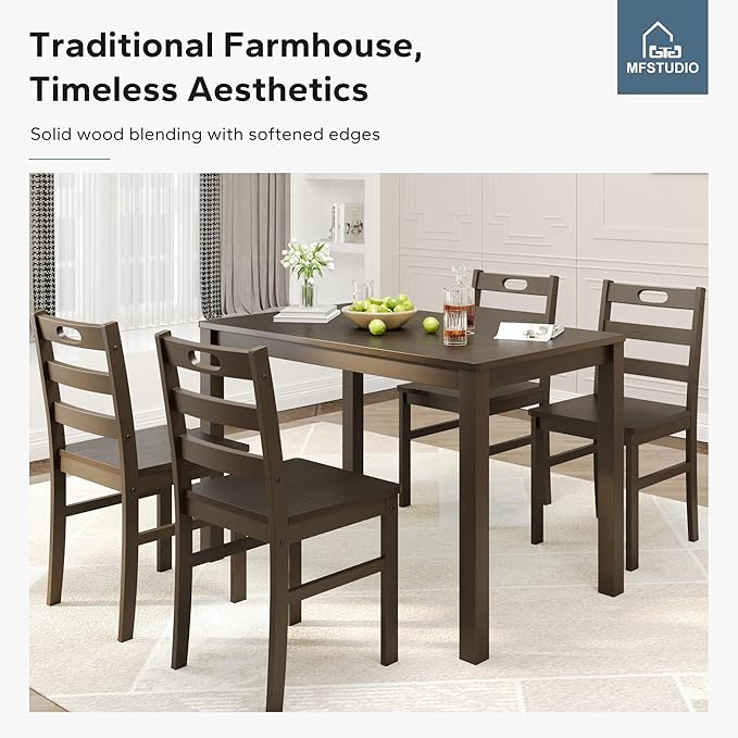 MFSTUDIO Dining Table Set for 4, Wood Kitchen Table with Chairs Set, Farmhouse 5 Piece Dining Room Table Set, Space Saving Dinette Set for Breakfast Nook, Apartment(Dark Walnut)