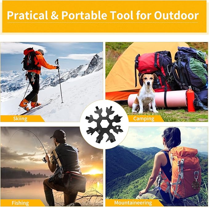 Snowflake Multitool, 1 Pieces 18-in-1 Stainless Steel Snowflake Standard Multitool, Snowflake Tool with Key Ring, Carabiner Clip and Gift Bag (Black)