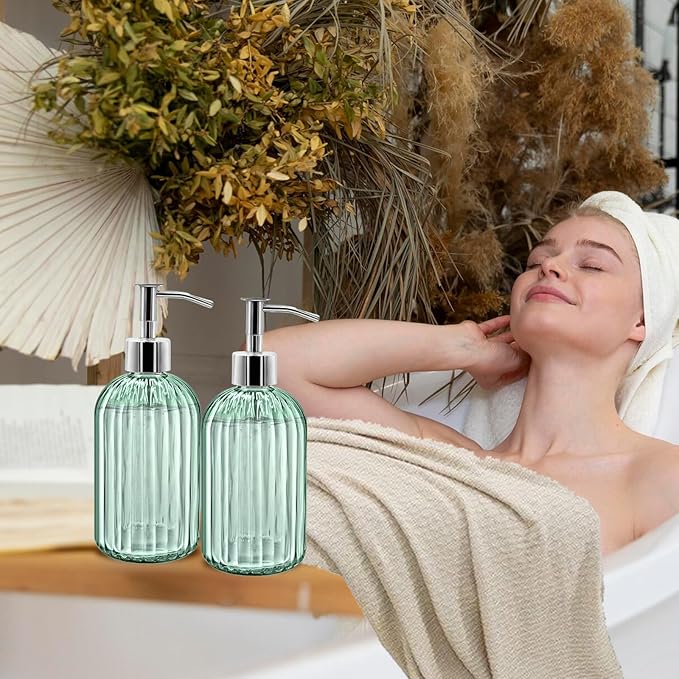 2 Pack Glass Soap Dispenser Bottle with Pump, 14 Oz Refillable Liquid Hand Jar Dispenser for Bathroom, Countertop, Kitchen, Laundry Room (Light Green)