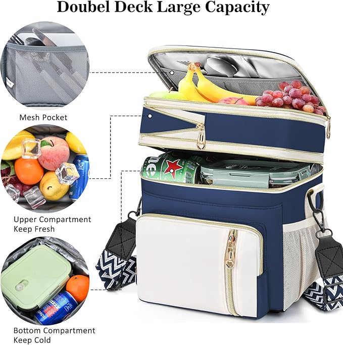 LOKASS Lunch Box for Women/Men-16L-Insulated Lunch Bag, Expandable Double-layer Leakproof Cooler Bag with Upgrade Adjustable Shoulder Strap Ideal for Work/Travel/Picnics(Dark Blue)