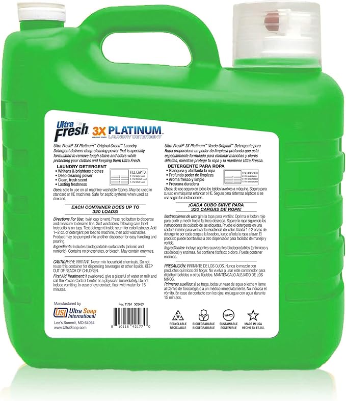 Ultra Fresh 2 Pack 3X Platinum Liquid Laundry Detergent up to 320 Loads, Original Green - Deep Cleaning Power and Fresh Scent for Washing Clothes