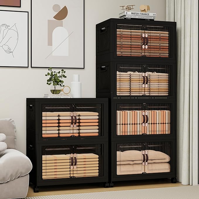 Storage Bins with Lids and Wheels, Collapsible Bathroom Storage Cabinet with Clear Doors, Plastic Stackable Closet Organizers and Storage Containers Black 314 QT