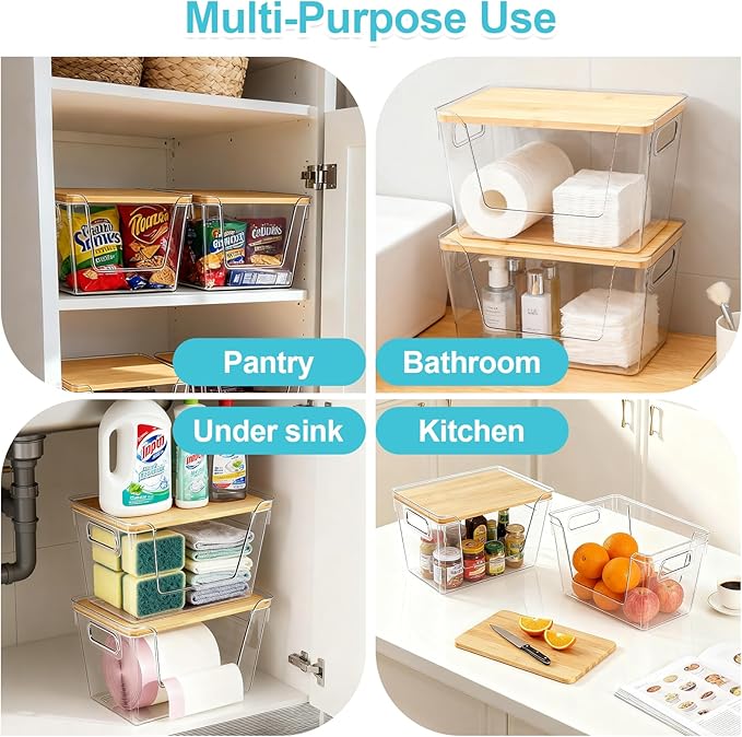 2-Pack Trash Bag Holder with Bamboo Lid, Acrylic Stackable Trash Bag Dispenser for 13/30/33 Gal Bags, Large Garbage Bags Dispenser Holder for Kitchen Laundry Room Under Sink Organization