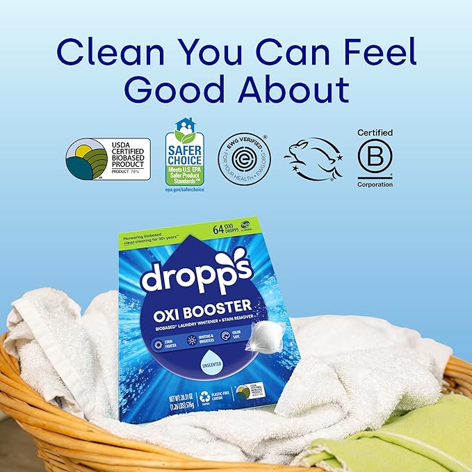 Dropps Oxi Booster Pods, Unscented (64 Pods) - Chlorine-Free Bleach Alternative Biobased Laundry Whitener & Stain Remover for Extra Tough Stains - Fragrance-Free & Hypoallergenic for Sensitive Skin