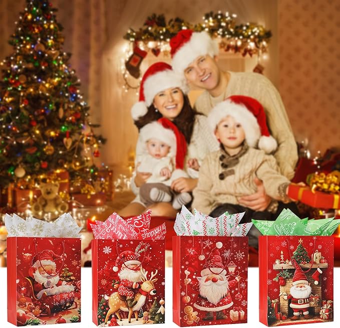 Rusikia 12 Christmas Gift Bags with 12 Tissues and 1 Satin Ribbon, Red Party Favor Bags Bulk with Handles, Glittery Cute Tree Balls Father Christmas Paper Bag for Wrapping, Present (Small 9"x7"x3")