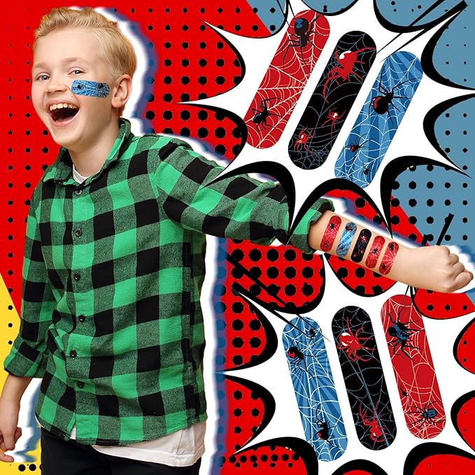 Patelai 300 Pieces Kids Bandages Bulk 10 Styles Children's Adhesive Flexible Colorful Cute Cartoon Bandages Waterproof Breathable Stickers Protection Care Cuts for Girls Boys(Spider)