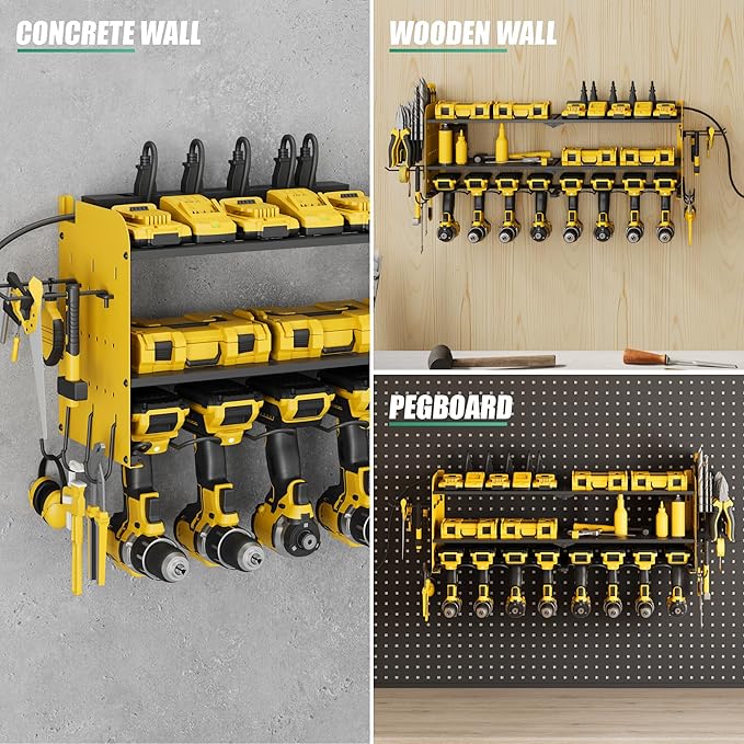 Suchtale Power Tool Organizer Wall Mount,Drill Organizer,33.2" Garage Storage,8 Drill Holders,3 Layers Heavy Duty Metal Shelf with 8 Outlets Power Strip, Christmas Gifts for Dad,Husband,Yellow