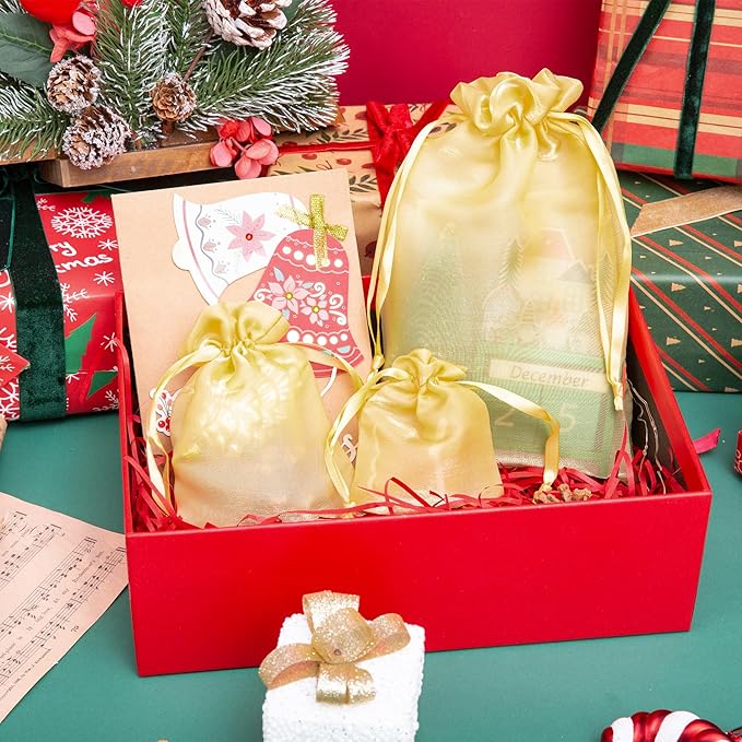 QIANF 20 Pcs Gold Small Organza Bags 4X6 inch for Wedding Favors with Drawstring, Mini Mesh Gift Bags Jewelry Pouch for Candy Bridal Shower Party Favor Baby Shower Christmas