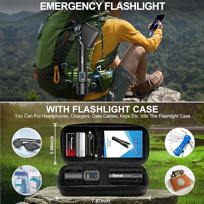 Rechargeable Tactical Flashlights High Lumens - 5000mAh Super Bright LED Powerful Flash Light, Waterproof Handheld USB C Flashlight for Home,Car,Camping,Emergencies,5 Modes,Christmas Gifts(1, Black)