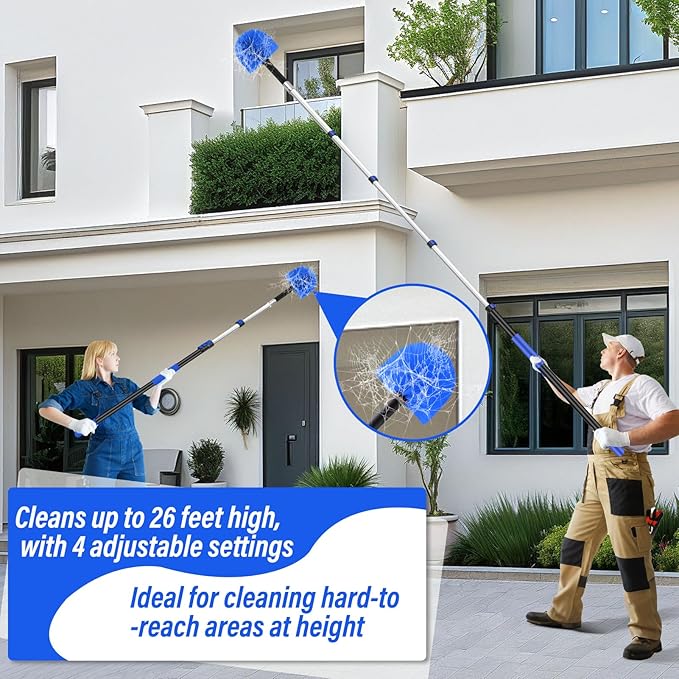 26FT Cobweb Duster with Extension Pole,Spider Web Cleaner with 4-Stage 5-20FT Aluminum Pole, Spider Web Brush for Outdoor and Indoor Cleaning