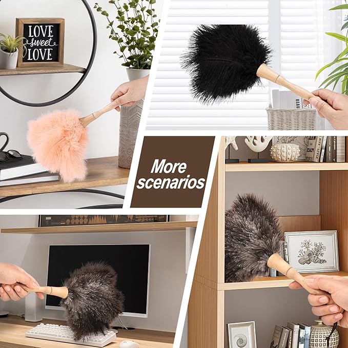 Ostrich Feather Duster 12 Inch Handheld Duster Supplies, Wooden Handle Feather Duster for Cleaning Keyboard Home Car Office (Champagne 2Pcs)
