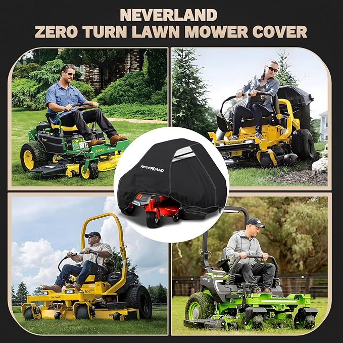 NEVERLAND Zero Turn Mower Cover - Anti-UV Lawn Mower Cover Waterproof Outdoor, 210D Lawn Tractor Cover with Drawstring & Storage Bag Universal Fit up to 60" Decks - Handles and Dual Air Vents