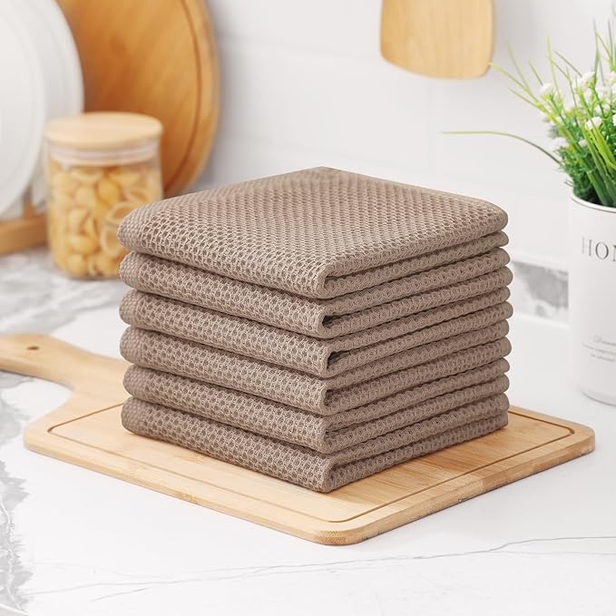 Kitinjoy 100% Cotton Kitchen Dish Cloths, 6 Pack Waffle Weave Ultra Soft Absorbent Dish Towels for Drying Dishes Quick Drying Kitchen Towels Dish Rags, 12 X 12 Inches, Tan