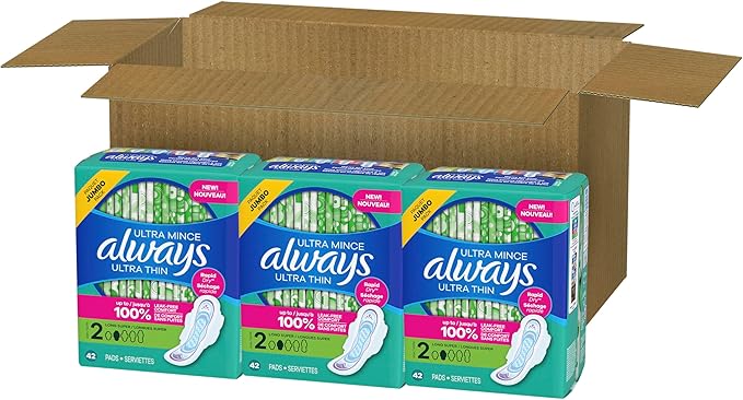 Always Ultra Thin Pads with Wings, Size 2, Long Super, 126 Count (3 Packs of 42)