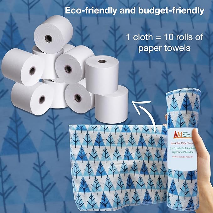 Pack of 10 Reusable Paper Towels | 10x10 Inch Cotton Towels | Kitchen Utensils Print | Eco Friendly, Washable, Quick Drying | Sustainable Cleaning Cloths | Fir Trees