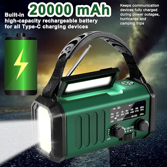Emergency Hand Crank NOAA Weather Radio with Solar Charging 20000mAh Battery Built-in Flashlight, Reading Light & SOS Alarm AM/FM Weather Bands Compact & Portable for Camping & Emergencies