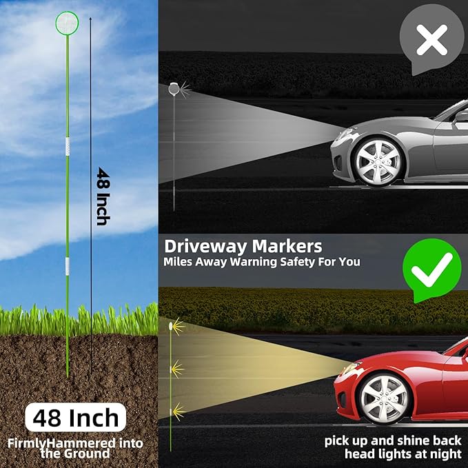 12Pcs Driveway Markers - Glow-in-The-Dark Lane Recognition Reflectors, 49.5Inch Fiberglass Pole Double Sided Reflectors for Driveway, Reflective Markers for Snow Plowing