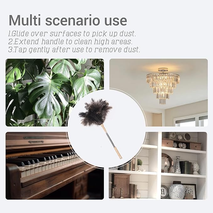 Extendable Ostrich Feather Duster, 47 inches Natural Fluffy Long Handle Feathers Dusters, Soft, Durable, Reusable for Home Office Cleaning High Ceilings, Wall, Fans, Furniture, Blinds,Roof Dusting