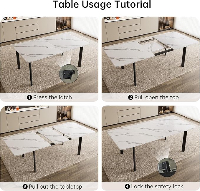 Extendable Dining Table Set for 6-8 People, 63 to 78.7 Inch MDF Kitchen Table with 6 Upholstered Chairs, Space-Saving for Dining Room, Breakfast Nook(White Table & 6 Black Chairs)
