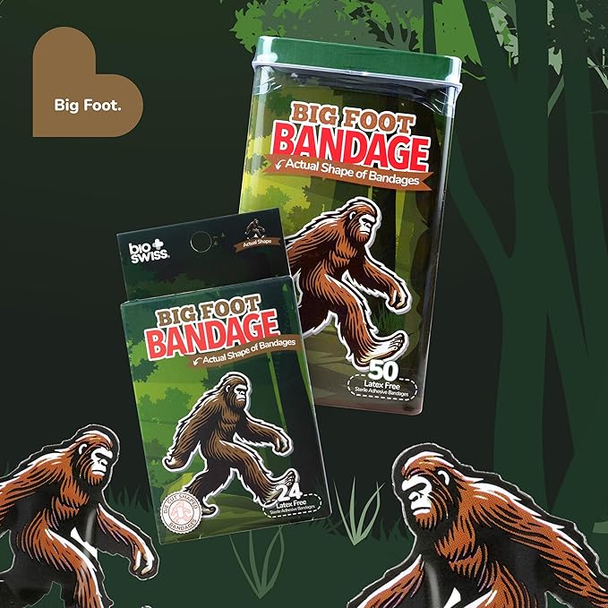 BioSwiss Kids Bandages, Bigfoot Shaped Self Adhesive Bandage Set, Latex Free, Sterile Wound Care, 50 Count