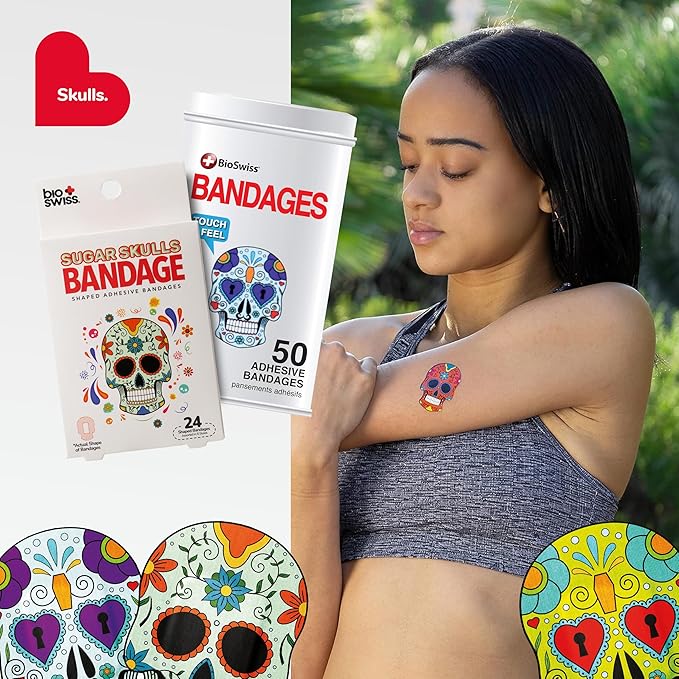 BioSwiss Kids Bandages, Sugar Skull Shaped Self Adhesive Bandage Set, Latex Free, Sterile Wound Care, 24 Count
