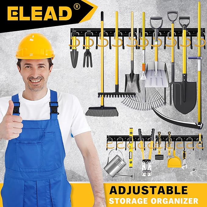 ELEAD 68'' All Metal Adjustable Garden Tool Organizer: Garage Tool Organizer Wall Mount with Yellow Hooks, Garage Organizers and Storage, Tool Hangers for Shed