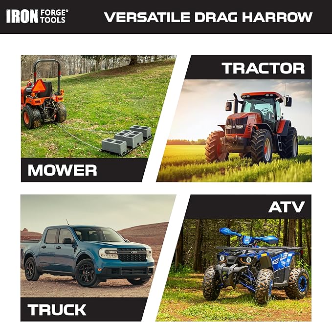 Iron Forge Tools Drag Harrow - Driveway Pull Behind Lawn Leveling Rake Grader - Tow Behind Lawn Tractor Attachments for ATV, UTV, or Mower - 4 Feet Heavy Gauge Powder Coated Welded Steel - Black