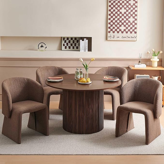 Dining Table Set for 4, 47" Circle Kitchen Table and Brown Upholstered Barrel Dining Room Chairs, Rustic 5-Piece Dinette Set, Engineered Wood Two-Part Tabletop with Walnut Finish